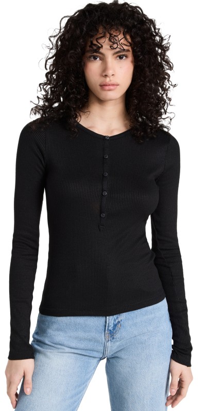 rag & bone The Rib Knit Henley Top Black