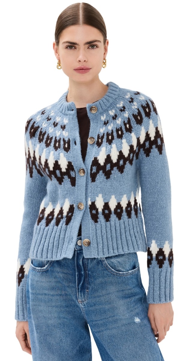 Veronica Beard Christina Fair Isle Cardigan Smoke Blue Multi