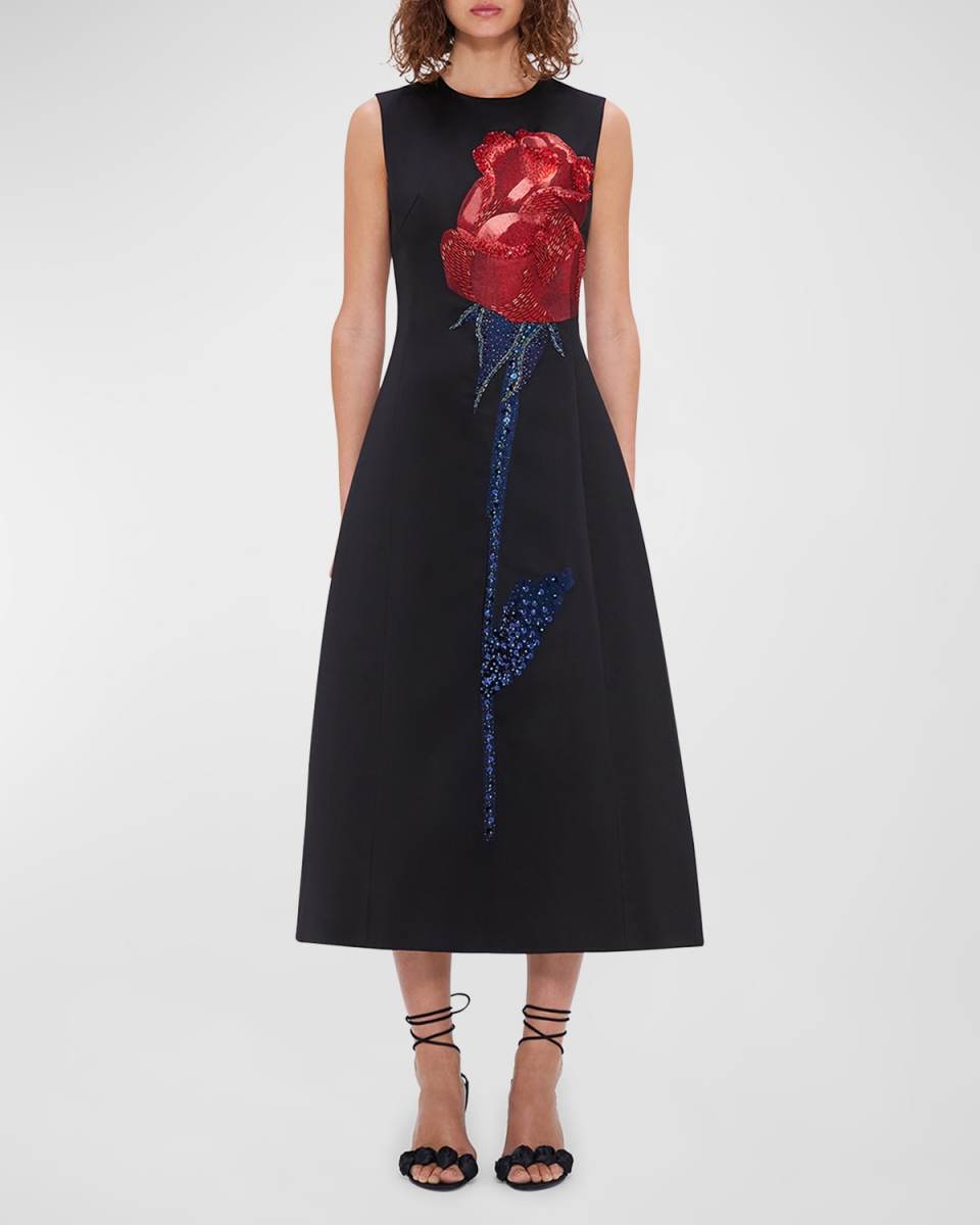Cleo Bead & Sequin Floral-Print Midi Dress