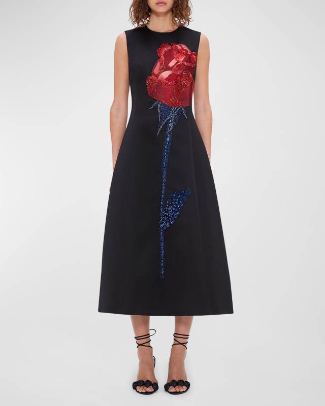 Cleo Bead & Sequin Floral-Print Midi Dress