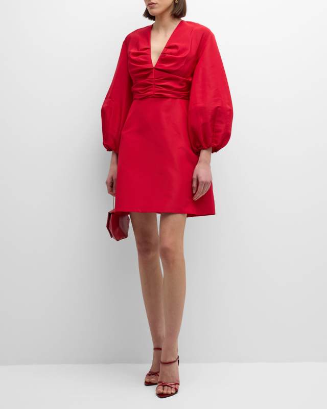 Ruched Plunging Balloon-Sleeve Mini Dress