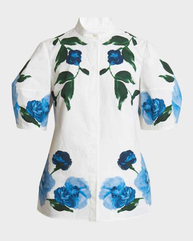 Painted Floral-Print Puff-Sleeve Blouse