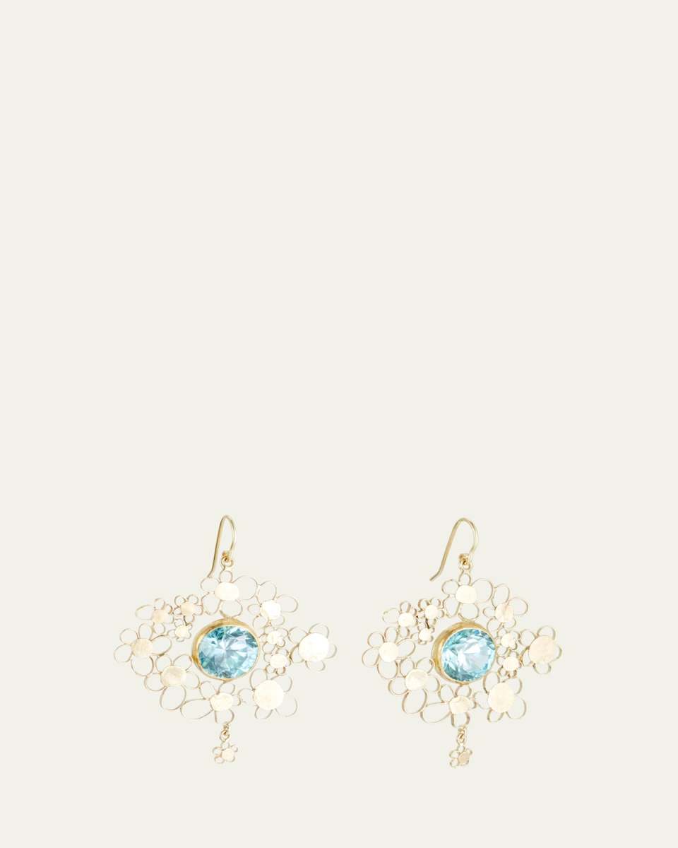 18K Yellow Gold Blue Zircon Flowery Dangle Earrings