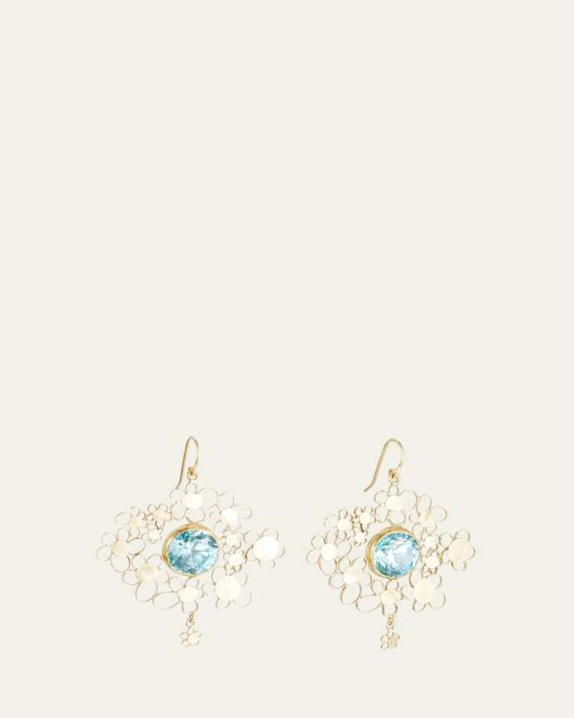 18K Yellow Gold Blue Zircon Flowery Dangle Earrings