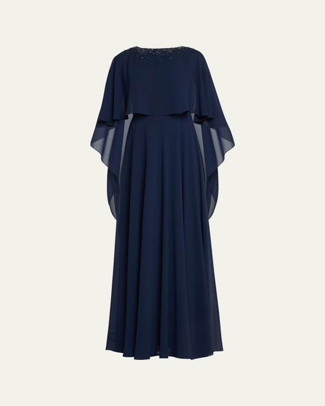 Beaded Chiffon Capelet Gown