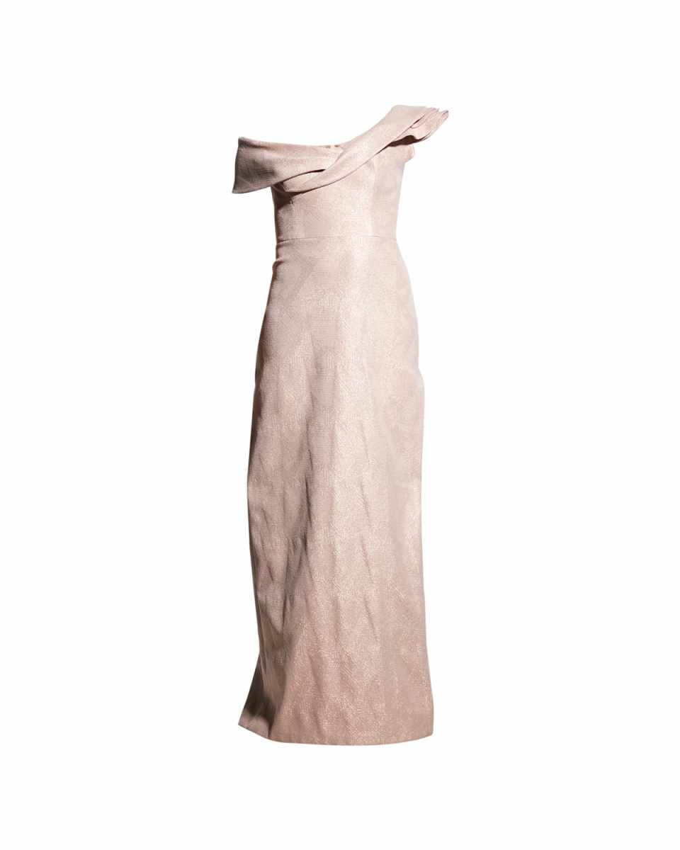 One-Shoulder Tonal Metallic Jacquard Gown