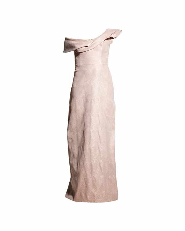One-Shoulder Tonal Metallic Jacquard Gown
