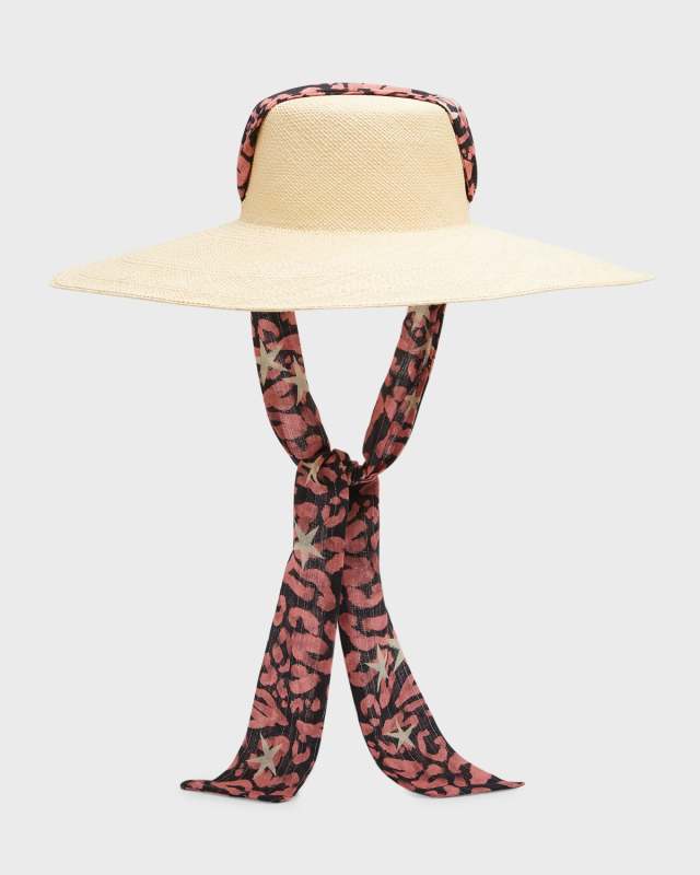 Cordovan Extra-Long Brim Hat With Leopard-Print Ribbon
