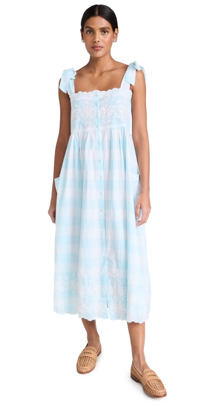 Juliet Dunn Gingham Print Tie Shoulder Dress White/Pale Blue