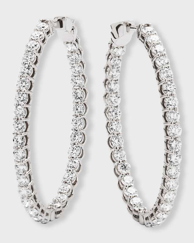 18K White Gold Round Diamond GH/SI Medium Oval Hoop Earrings, 3.36tcw, 1.25"L