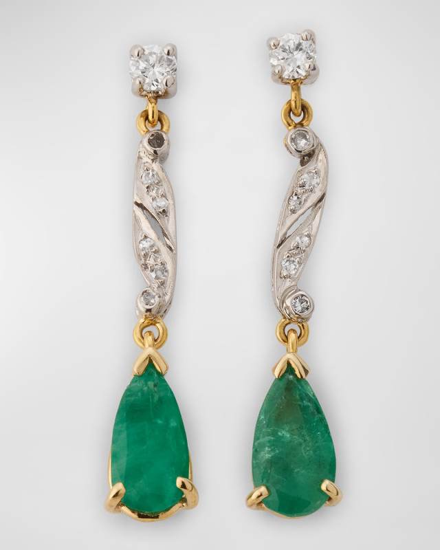 Estate Platinum and 18K Yellow Gold Emerald and Diamond Drop Earrings