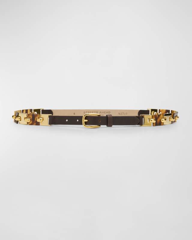Chocolate Leather Skinny Belt With Golden Links