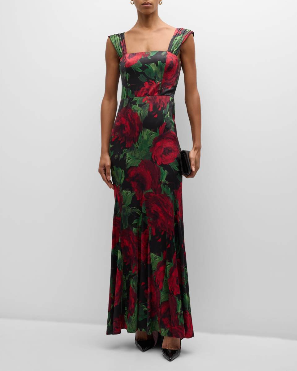 Arza Floral-Print Godet-Pleated Maxi Dress