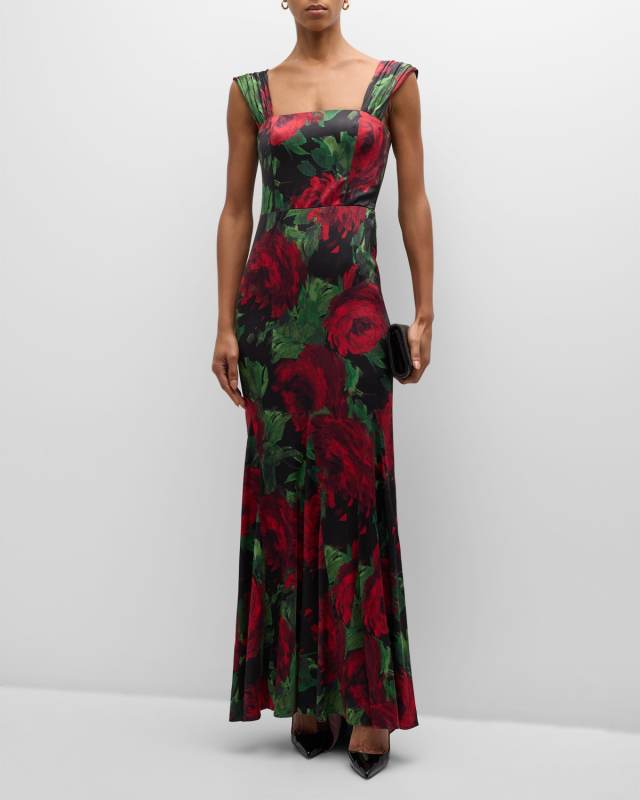 Arza Floral-Print Godet-Pleated Maxi Dress