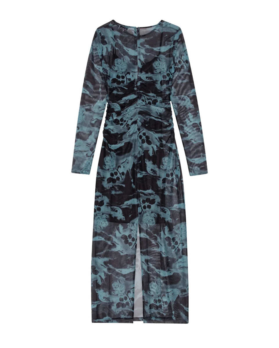 Printed Mesh O-Neck Ruched Long Dress