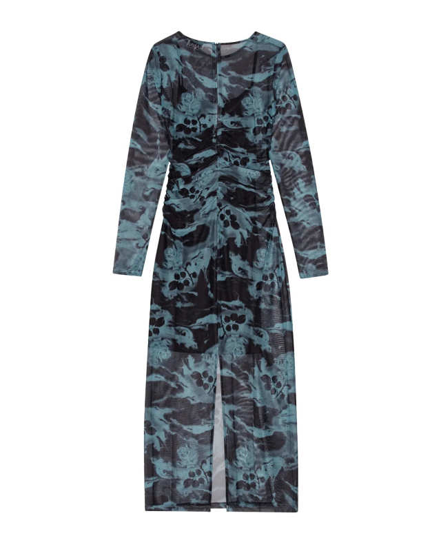 Printed Mesh O-Neck Ruched Long Dress