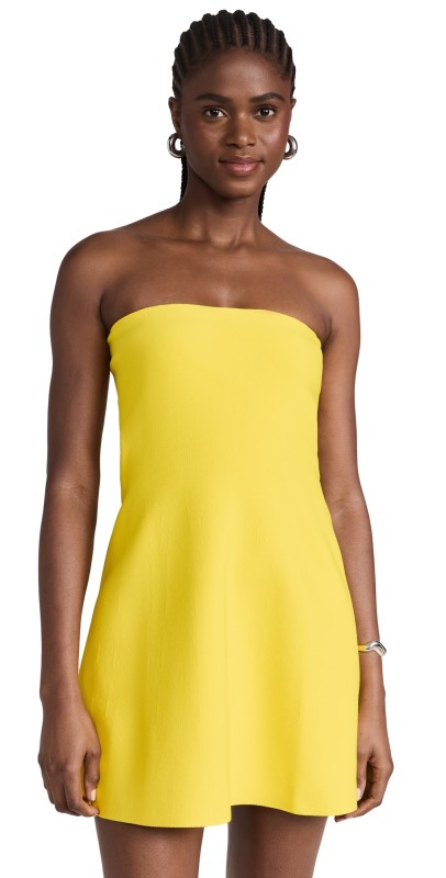 Brandon Maxwell Strapless Knit Dress with Bell Mini Skirt Lemon Yellow