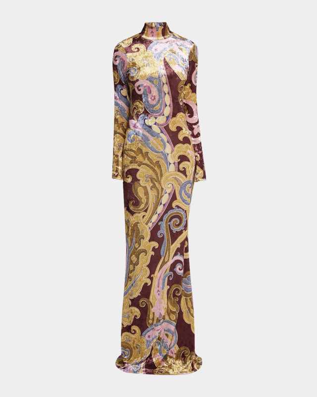 Paisley Crushed Velvet Long-Sleeve Maxi Dress