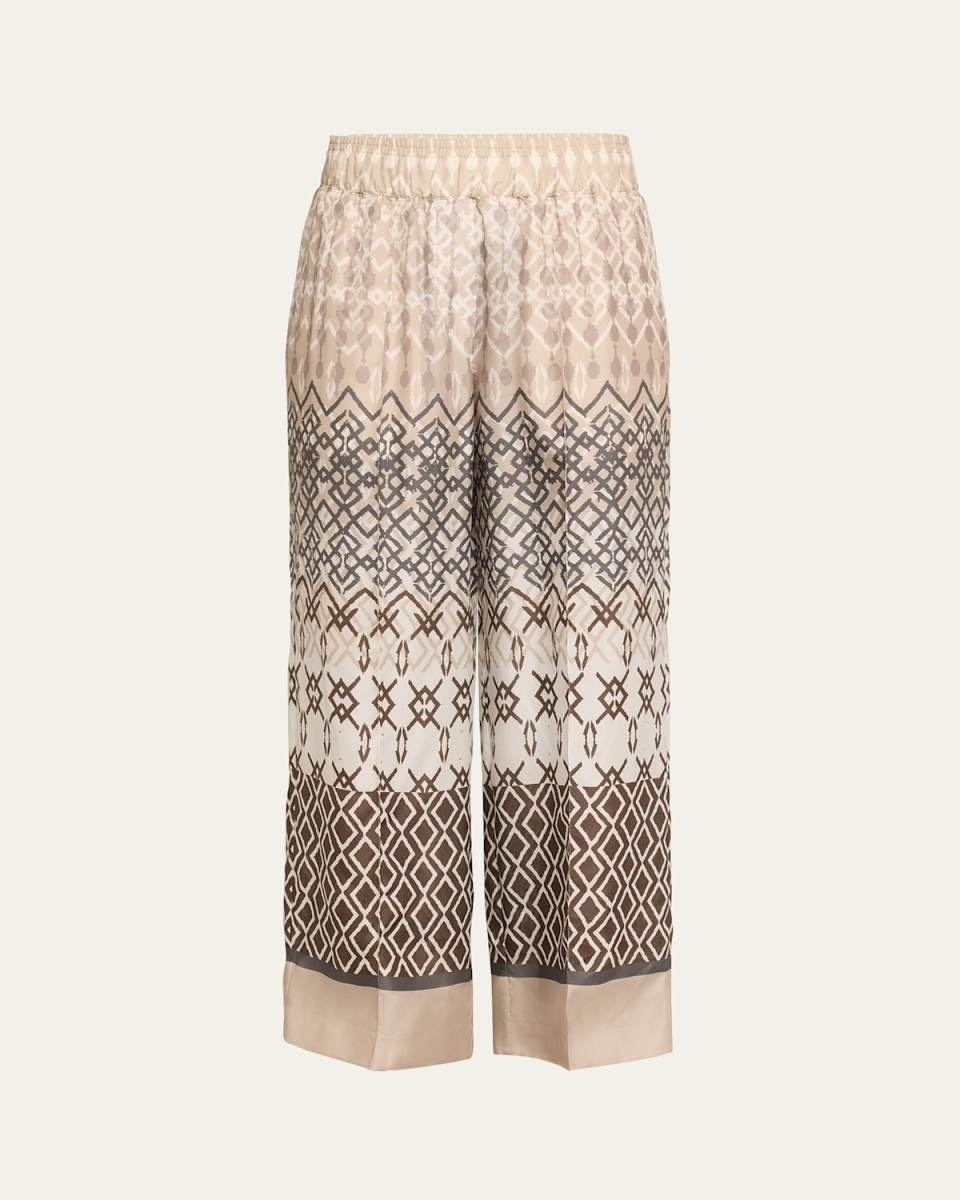 Abstract-Print Elastic Waist Silk Flowy Pants