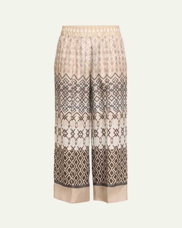 Abstract-Print Elastic Waist Silk Flowy Pants