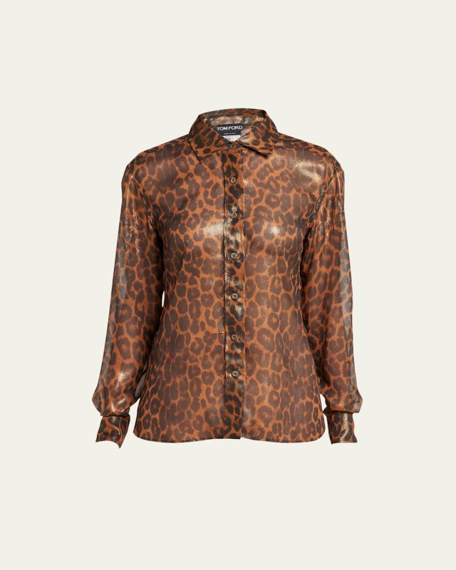 Laminated Leopard Print Button-Front Blouse