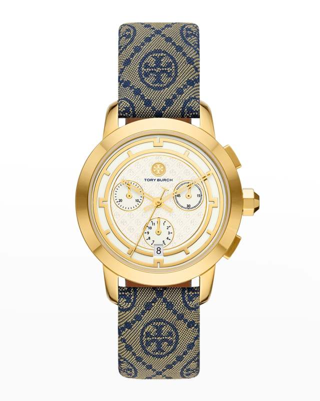The Tory Chronograph Watch with Blue Fabric and Luggage Leather Strap