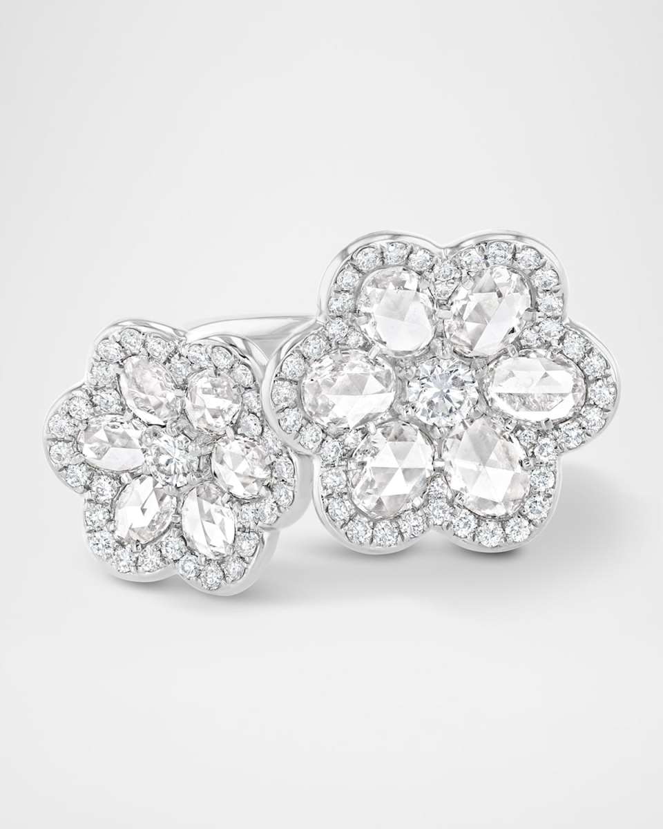 Floral 18K White Gold Double-Flower Motif Ring with Diamonds, Size 5