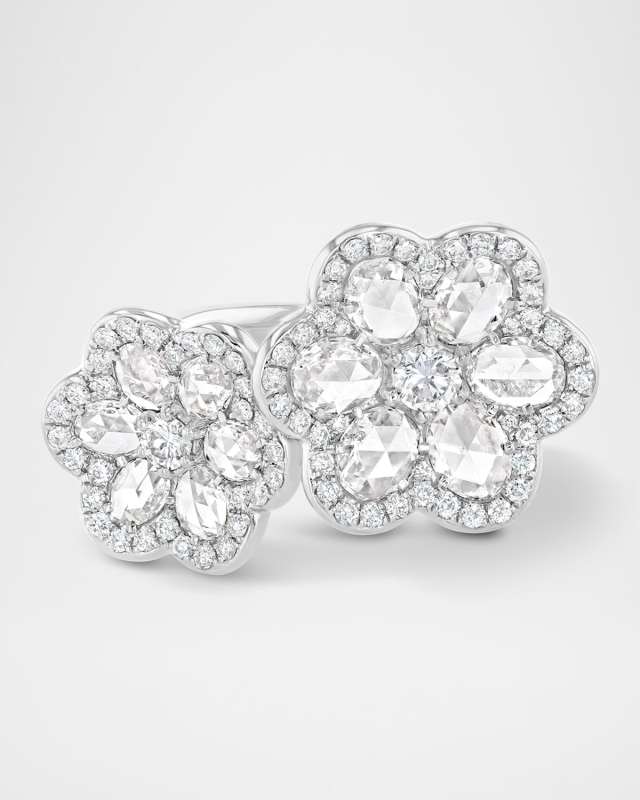 Floral 18K White Gold Double-Flower Motif Ring with Diamonds, Size 5