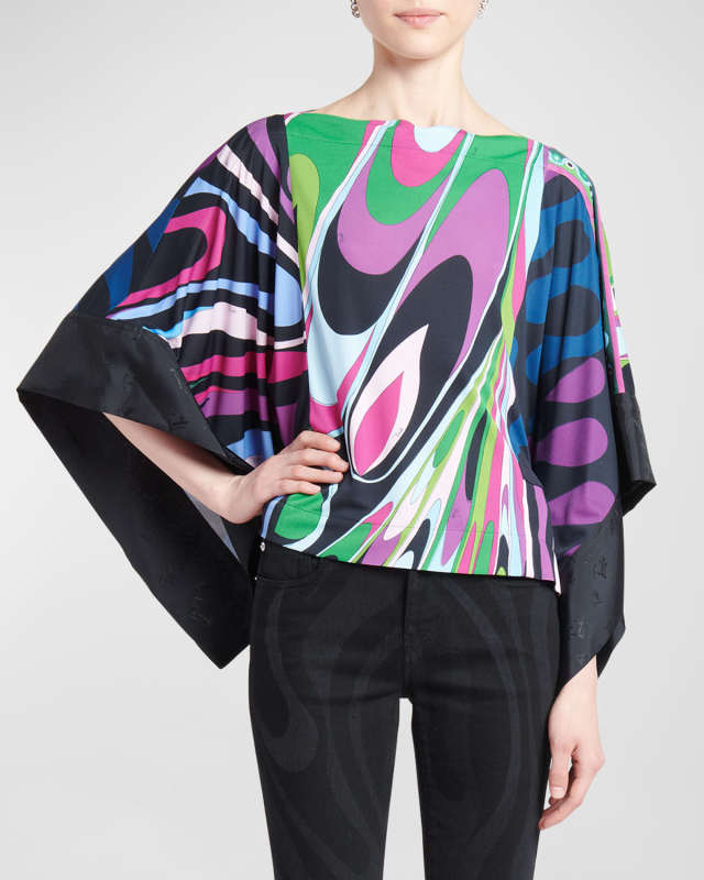 Abstract-Print Satin Handkerchief Blouse