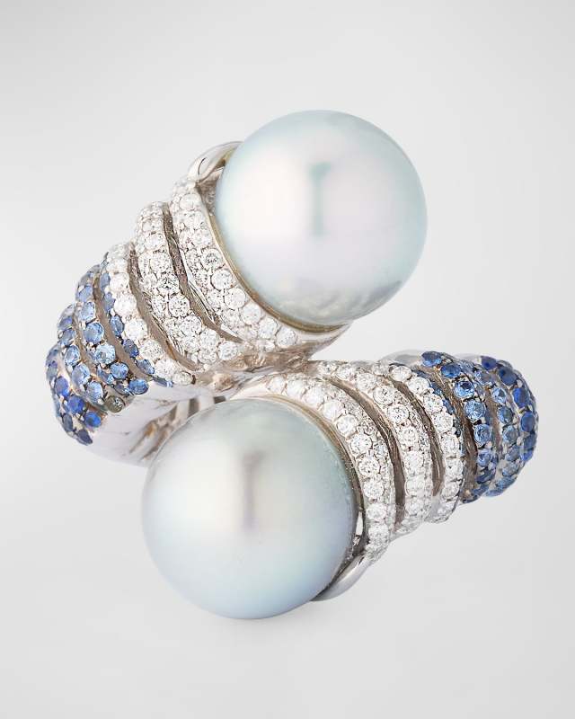 18K White Gold Tahitian Pearl, Diamond and Sapphire Ring, Size 7