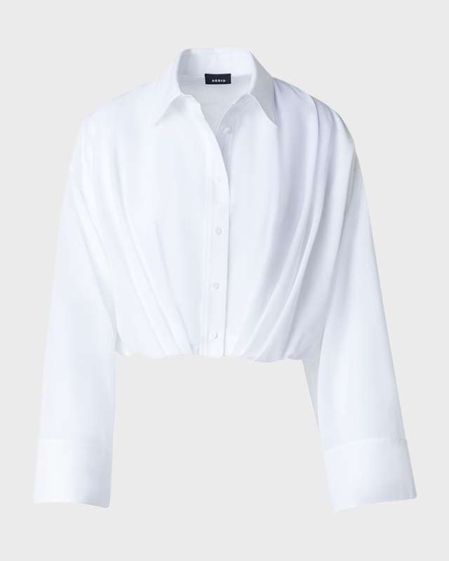 Cotton Voile Button-Front Blouse with Pleated Waist