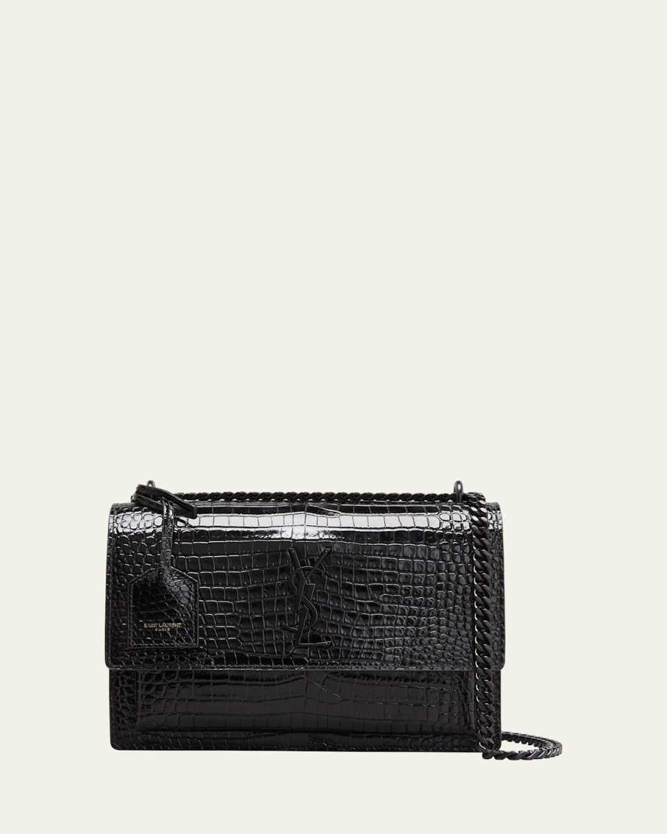 Sunset Medium YSL Crossbody Bag in Croc-Emboassed Leather