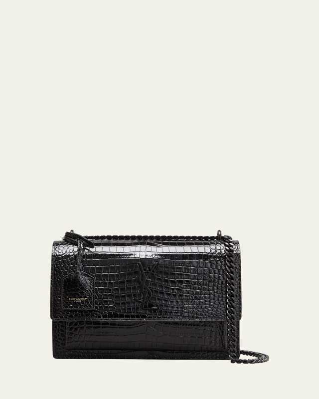 Sunset Medium YSL Crossbody Bag in Croc-Emboassed Leather