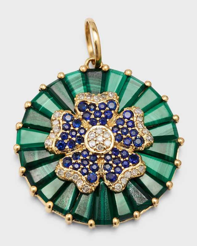 Diamond and Blue Sapphire Flower Malachite Pendant