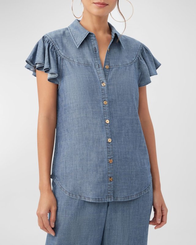 Bali Hai Flutter-Sleeve Chambray Top