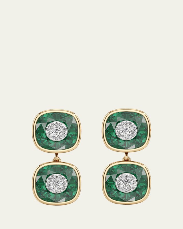 18K Yellow Gold One Collection Double Cushion Bezel Fusion Emerald and Diamond Earrings