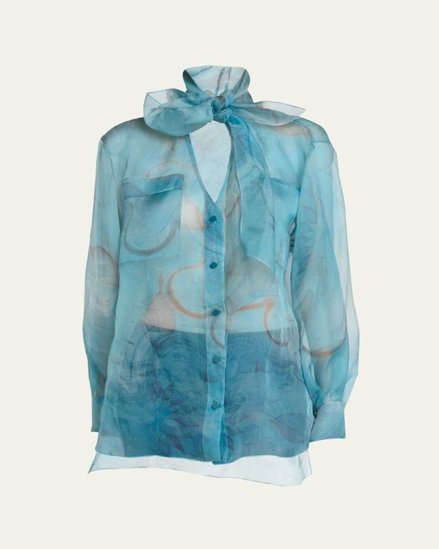 Abstract Scarf-Neck Silk Tunic Top
