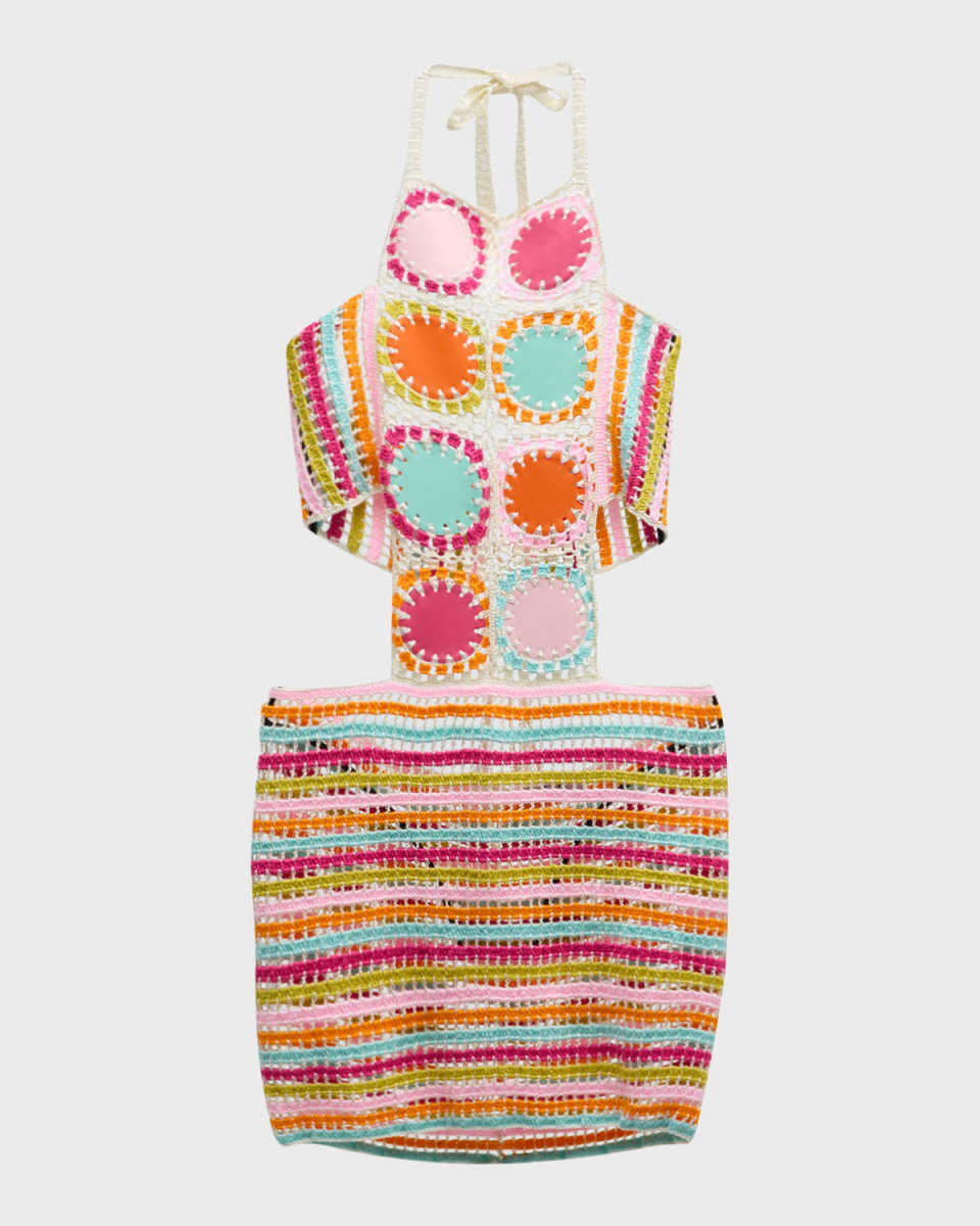 Hand Crochet Mini Dress with Faux Leather Scoop Motifs