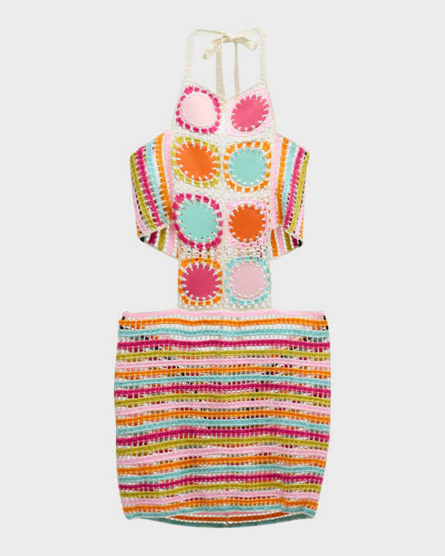 Hand Crochet Mini Dress with Faux Leather Scoop Motifs