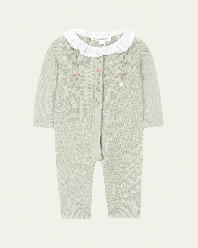 Girl's Hand Embroidered Floral Coverall, Size 6M-2
