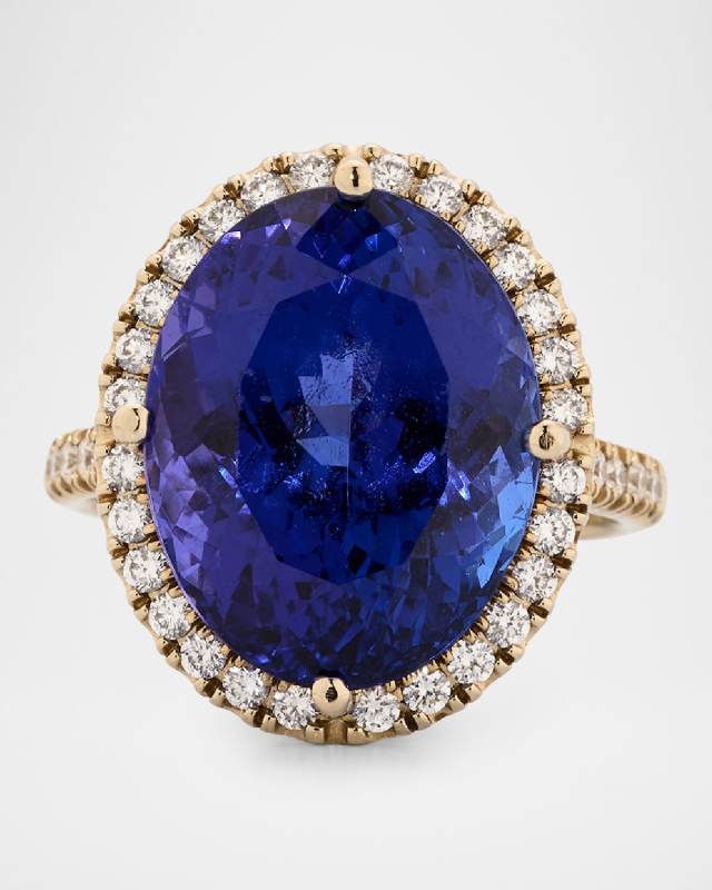 Colors 18K White Gold Oval-Cut Green Tanzanite and Diamond Halo Cocktail Ring, Size 6