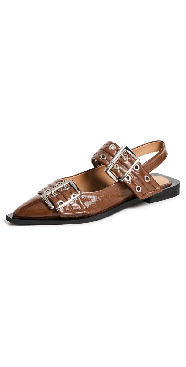 GANNI Buckle Ballerina Naplack Flats Fossil