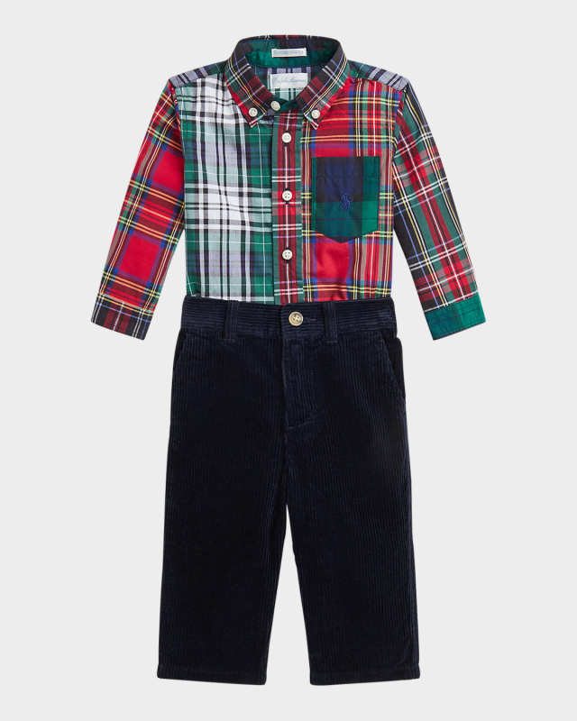 Boy's Plaid-Print Shirt W/ Corduroy Pants Set, Size 3M-24