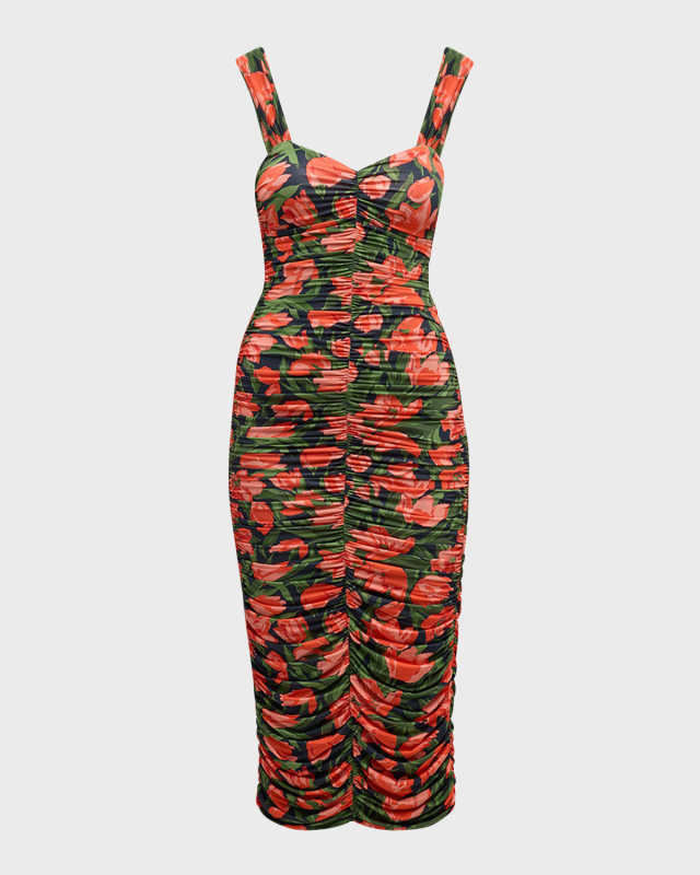Floral-Print Ruched Midi Dress