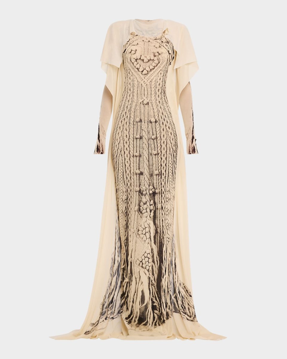 Trompe L'oeil Aran Knit Printed Mesh Maxi Dress