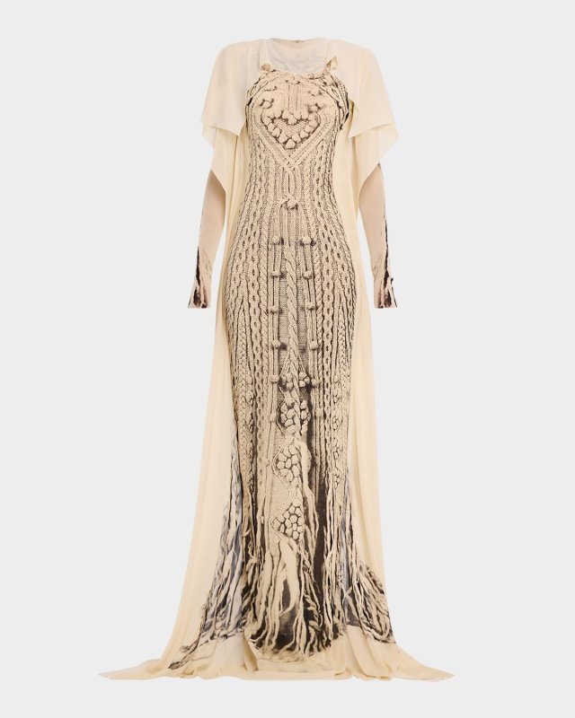 Trompe L'oeil Aran Knit Printed Mesh Maxi Dress