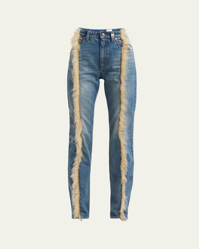 Sheepskin Trim Straight Leg Denim Pants