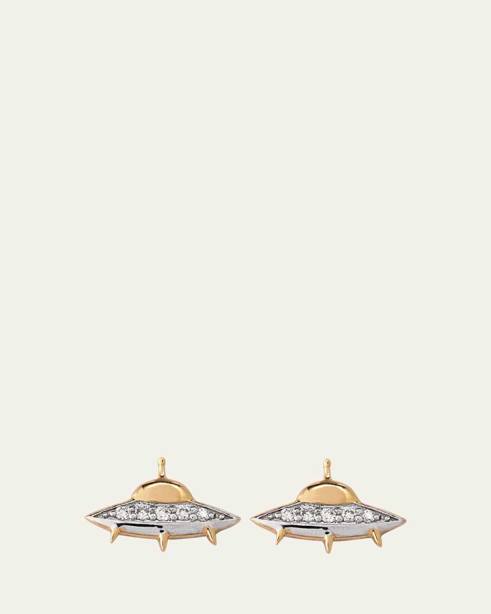 14K Yellow and White Gold Diamond Flying Saucer Stud Earrings