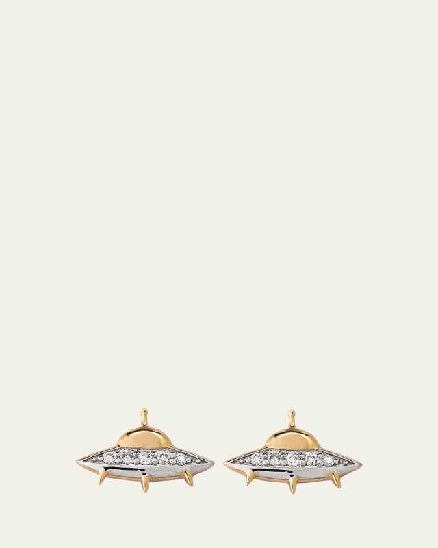 14K Yellow and White Gold Diamond Flying Saucer Stud Earrings
