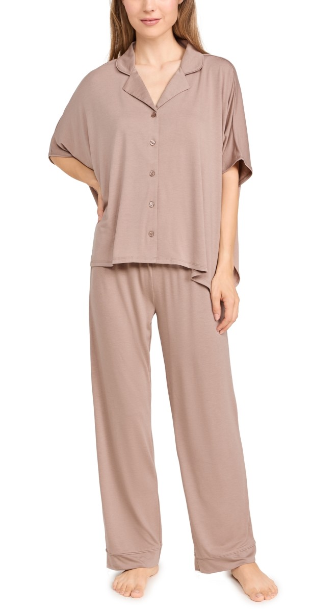 Flora Nikrooz Solid Knit Caftan PJ Set Oatmeal
